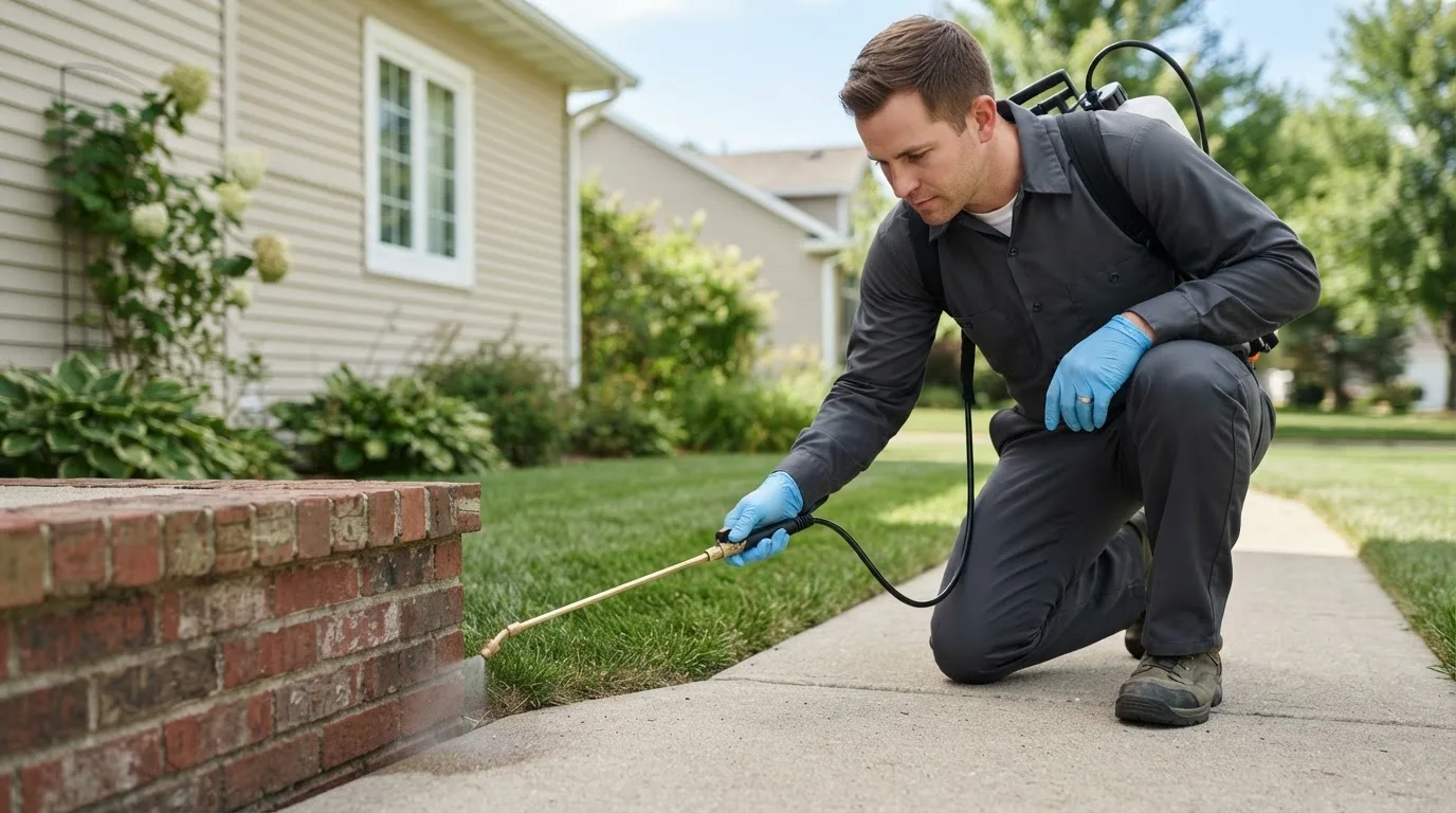 Pest control technician treating a home near Winfield, KS